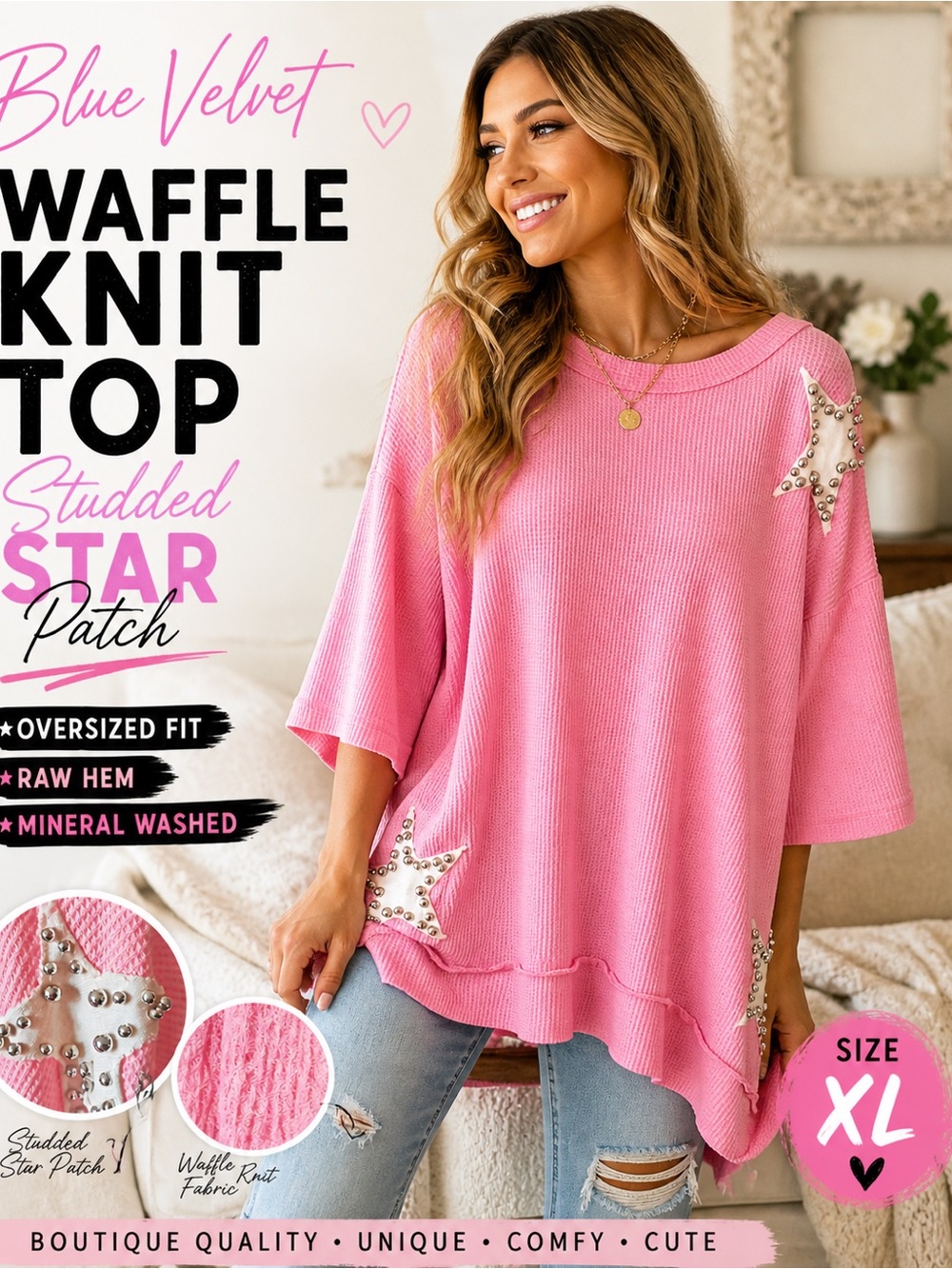 Blue Velvet Pink Waffle Knit Studded Star Patch Top Oversized XL Boho, NWT